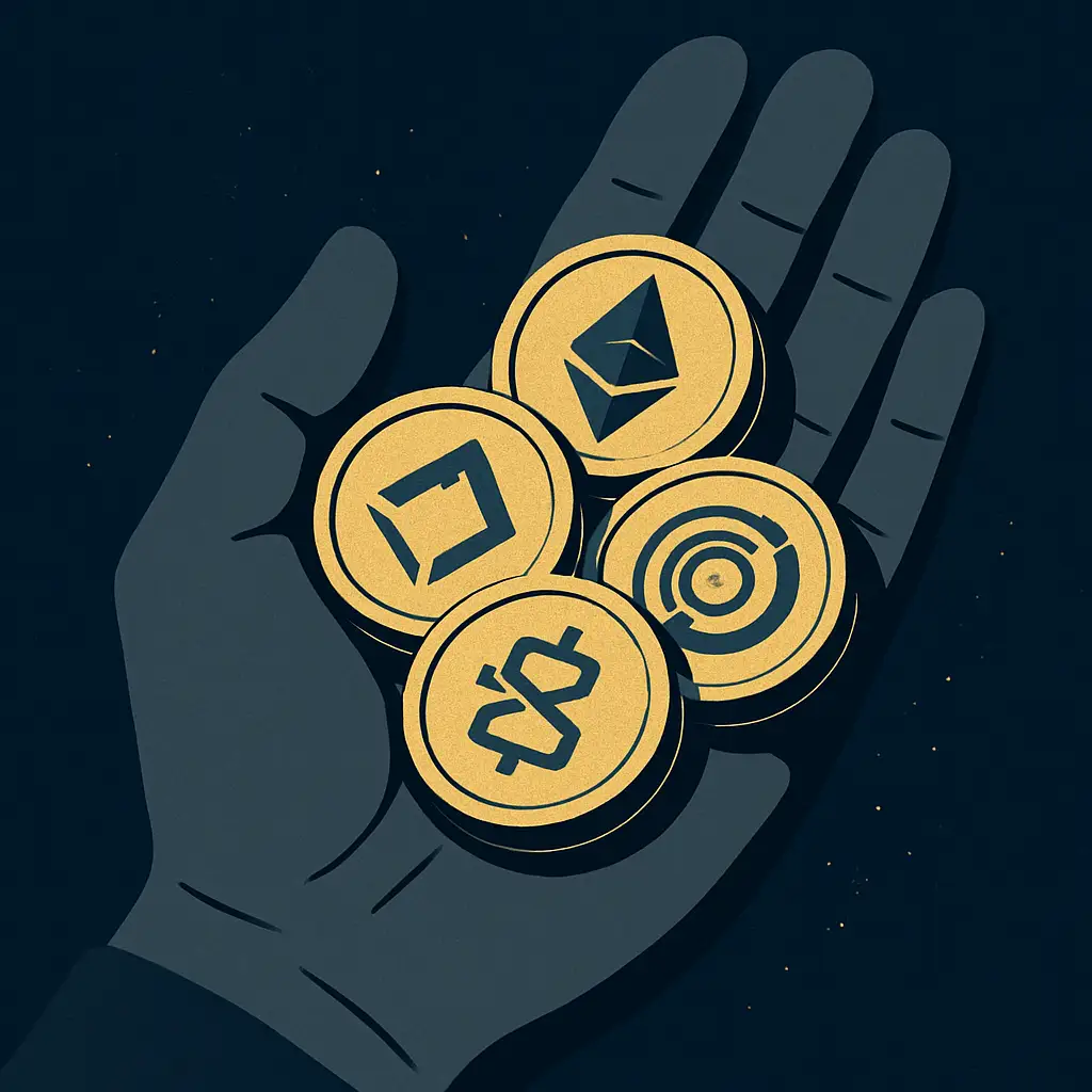Hand holding cryptocurrency coins