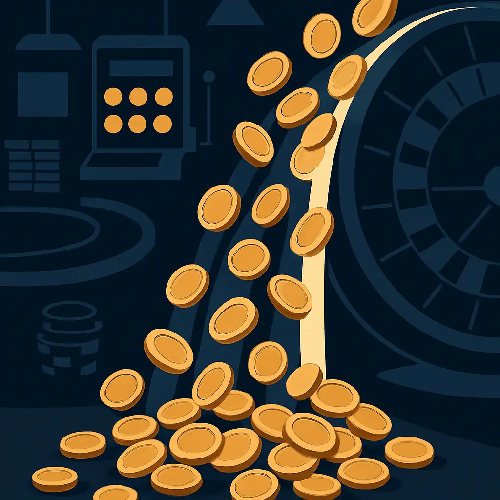 Cryptocurrency coins cascading like a waterfall in a casino setting.