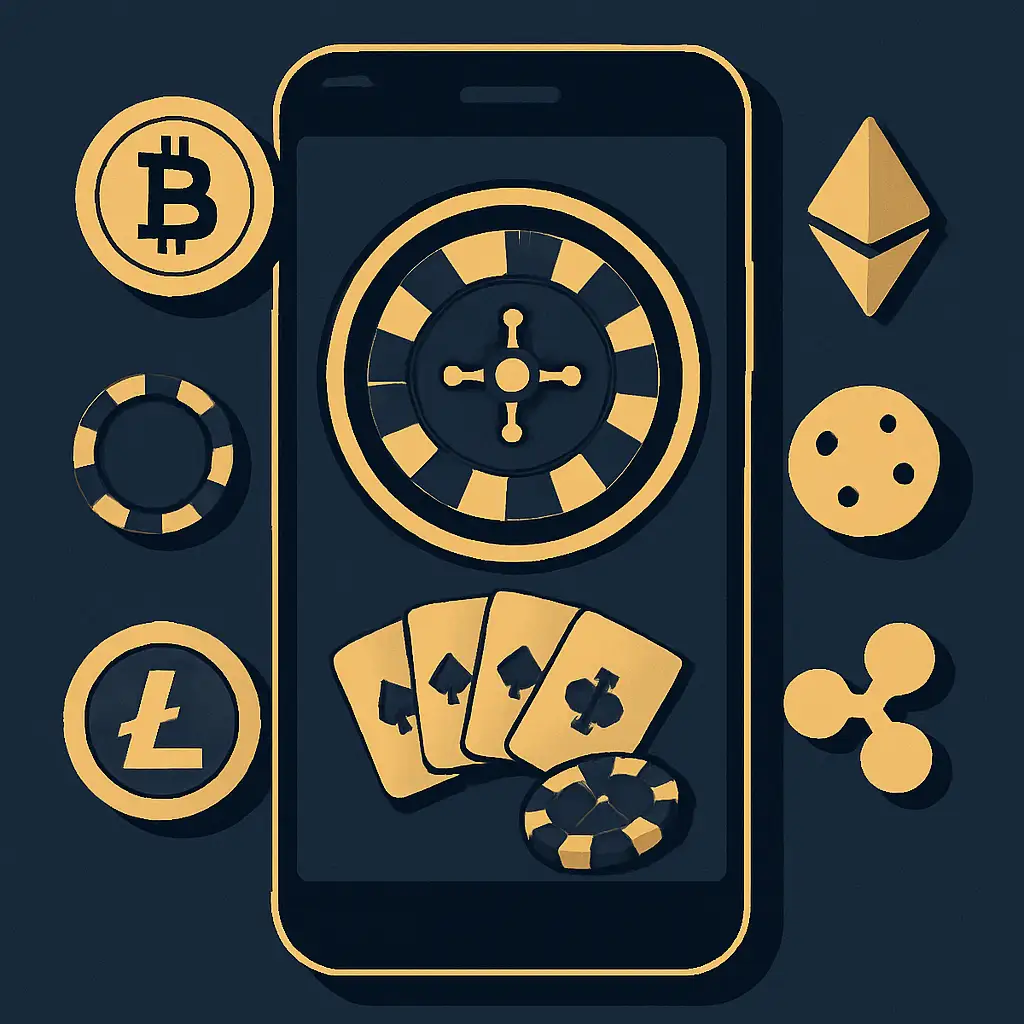 Smartphone with casino game and crypto icons